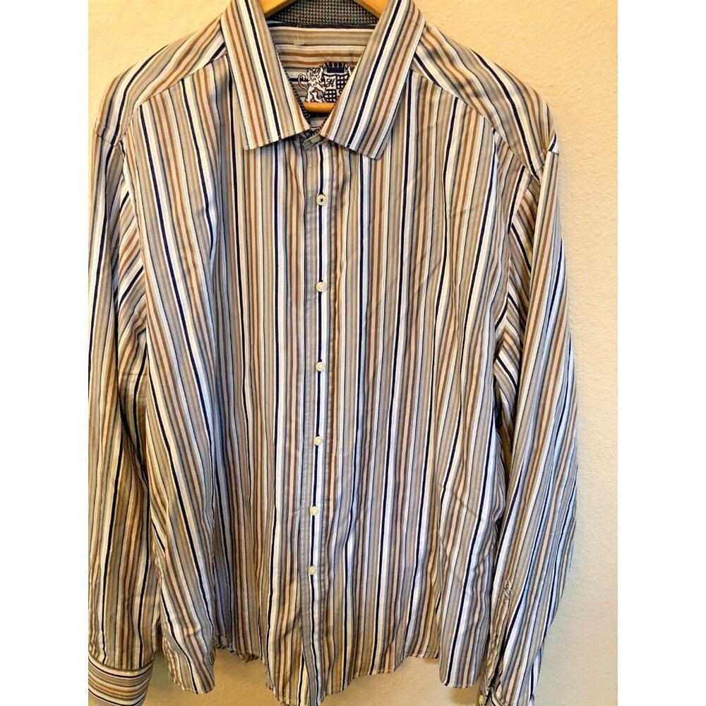 House of Lords Grey Blue White Striped Button Down Long Sleeve Cotton Shirt 2XL